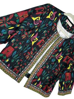 Buenos Ninos B&N Jacket Women L Black Multi Color Tribal Floral Open Front Boho
